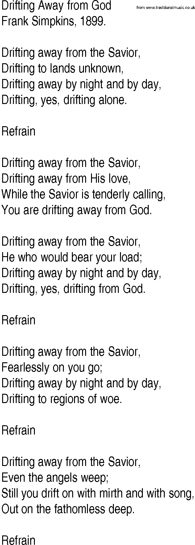 Hymn and Gospel Song: Drifting Away from God by Frank Simpkins lyrics