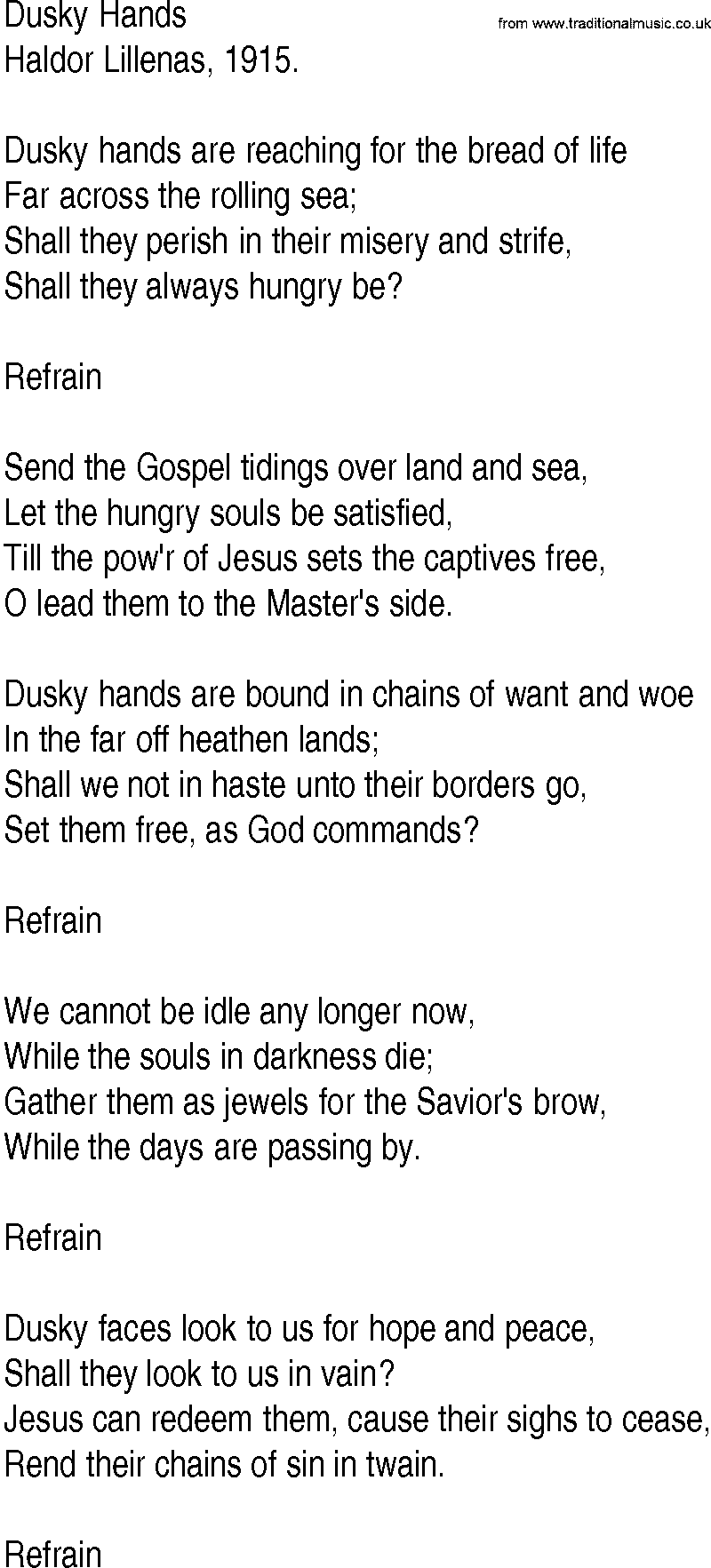 Hymn and Gospel Song: Dusky Hands by Haldor Lillenas lyrics