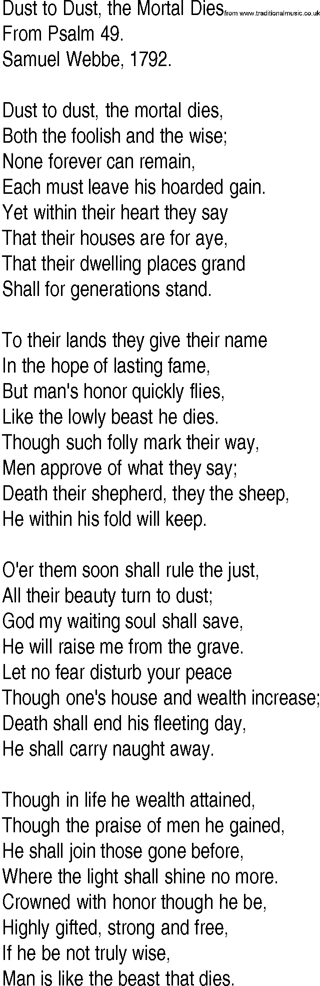 Hymn and Gospel Song: Dust to Dust, the Mortal Dies by From Psalm lyrics