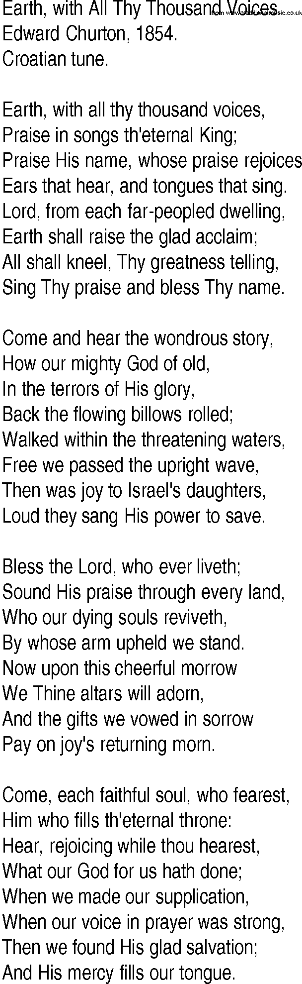 Hymn and Gospel Song: Earth, with All Thy Thousand Voices by Edward Churton lyrics