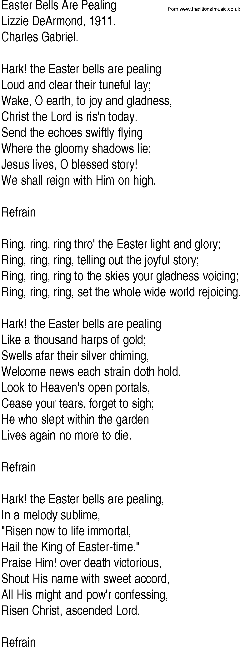 Hymn and Gospel Song: Easter Bells Are Pealing by Lizzie DeArmond lyrics