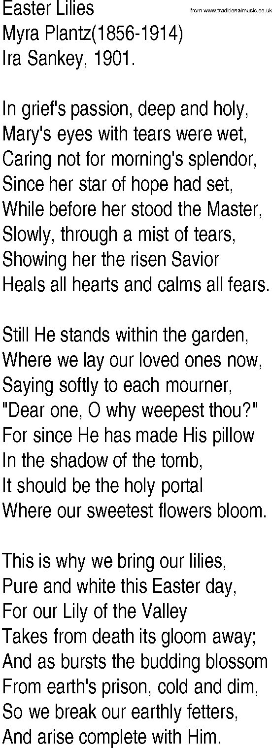 Hymn and Gospel Song: Easter Lilies by Myra Plantz lyrics