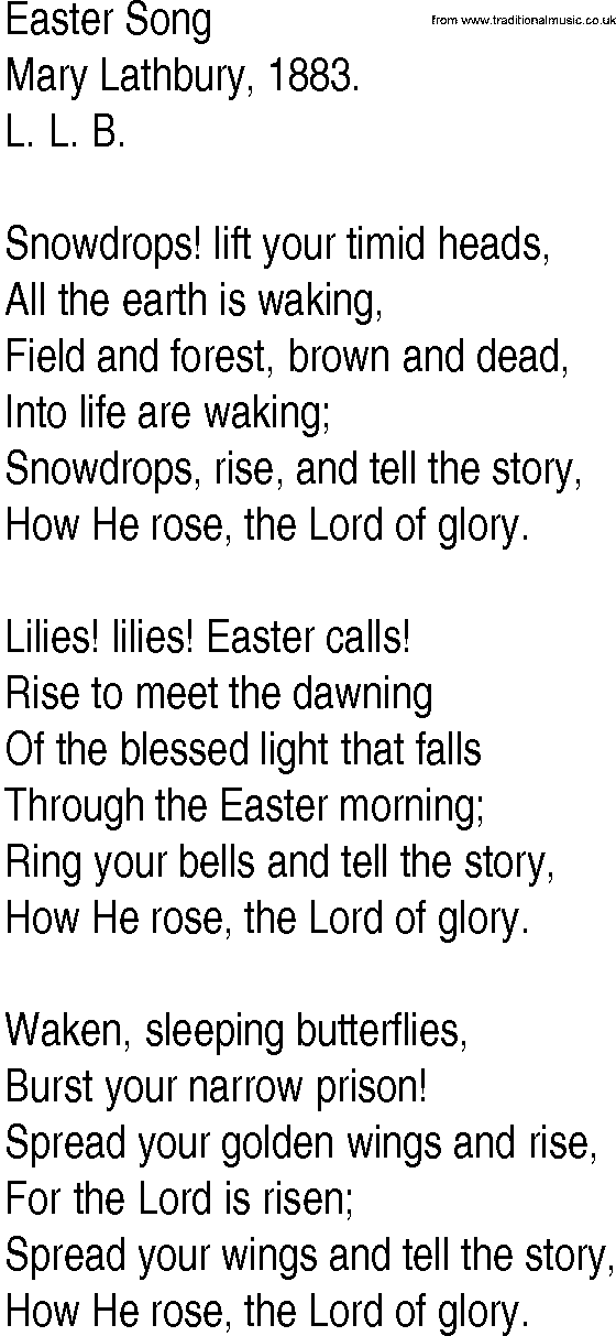 Hymn and Gospel Song: Easter Song by Mary Lathbury lyrics