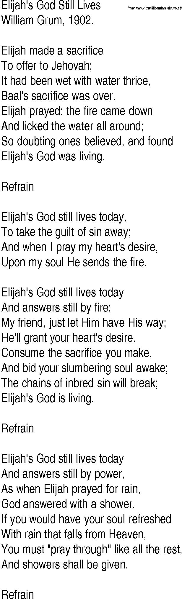 Hymn and Gospel Song: Elijah's God Still Lives by William Grum lyrics