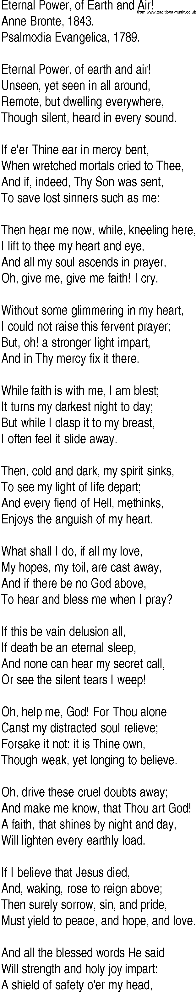 Hymn and Gospel Song: Eternal Power, of Earth and Air! by Anne Bronte lyrics