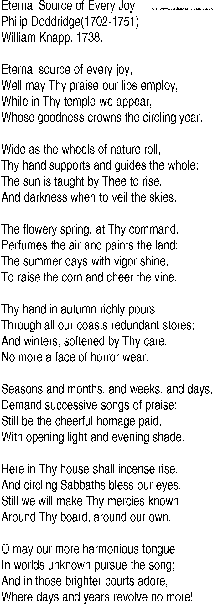 Hymn and Gospel Song: Eternal Source of Every Joy by Philip Doddridge lyrics