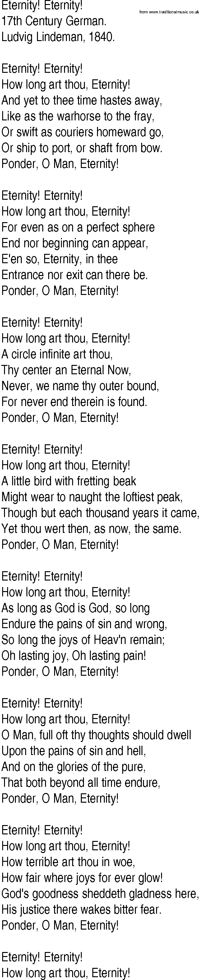 Hymn and Gospel Song: Eternity! Eternity! by th Century German lyrics