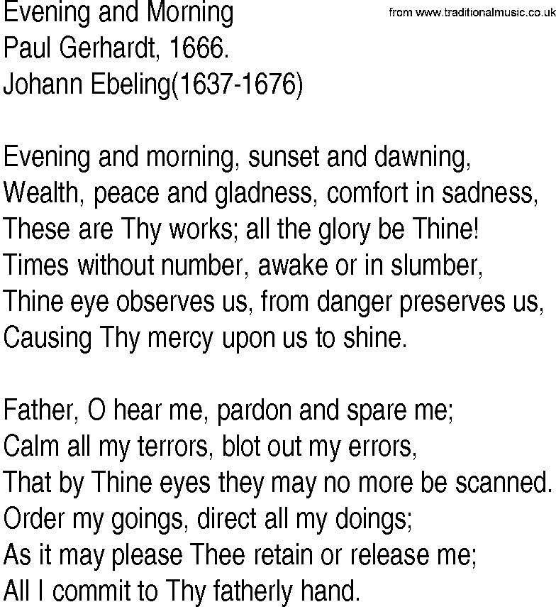 Hymn and Gospel Song: Evening and Morning by Paul Gerhardt lyrics