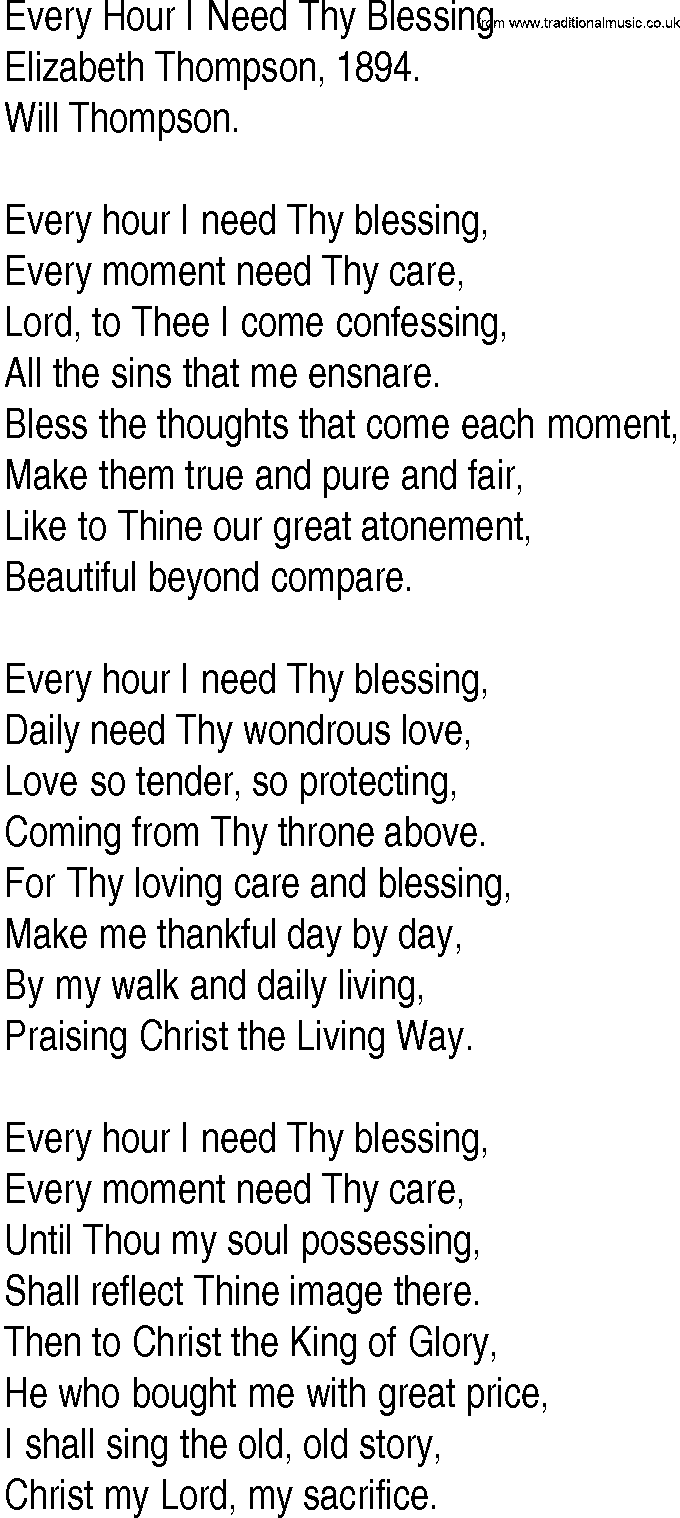 Hymn and Gospel Song: Every Hour I Need Thy Blessing by Elizabeth Thompson lyrics