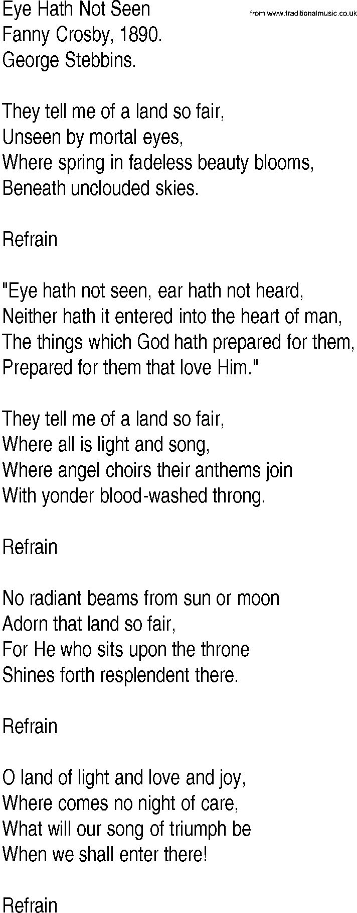 Hymn and Gospel Song: Eye Hath Not Seen by Fanny Crosby lyrics