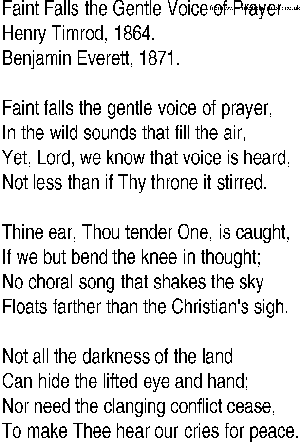 Hymn and Gospel Song: Faint Falls the Gentle Voice of Prayer by Henry Timrod lyrics