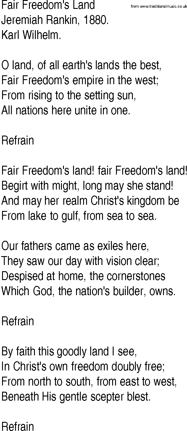 Hymn and Gospel Song: Fair Freedom's Land by Jeremiah Rankin lyrics