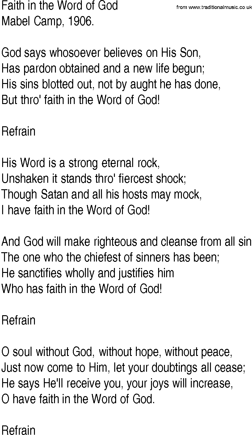Hymn and Gospel Song: Faith in the Word of God by Mabel Camp lyrics