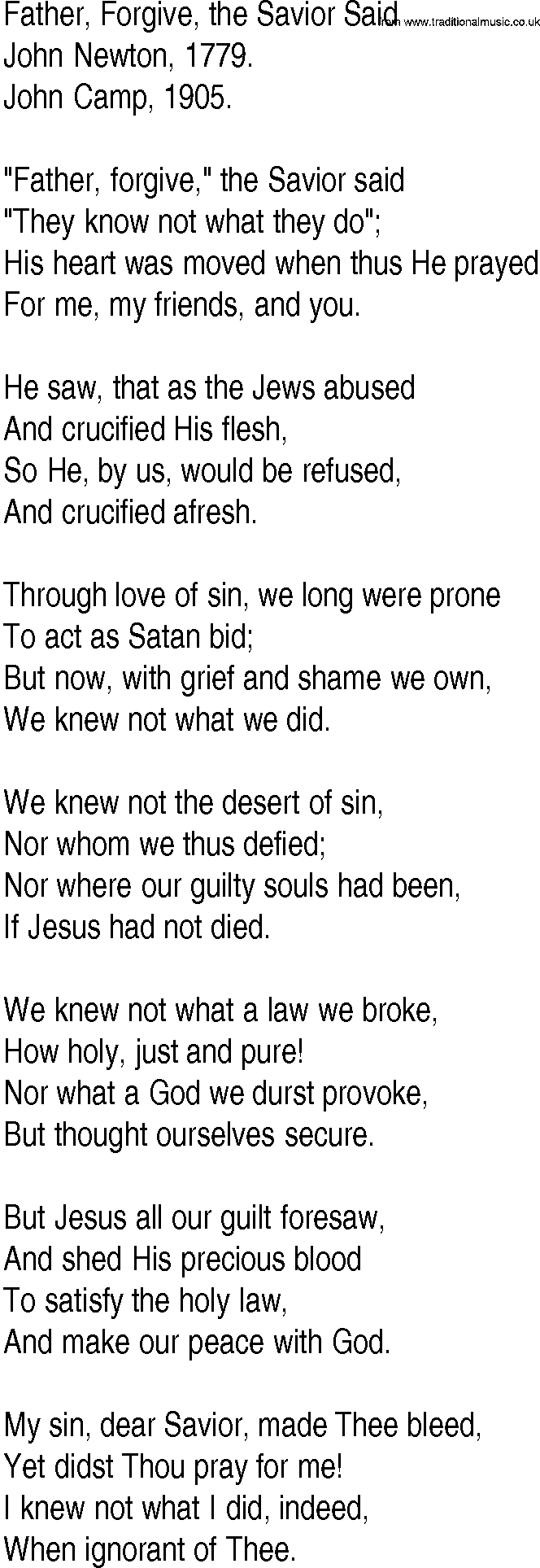 Hymn and Gospel Song: Father, Forgive, the Savior Said by John Newton lyrics