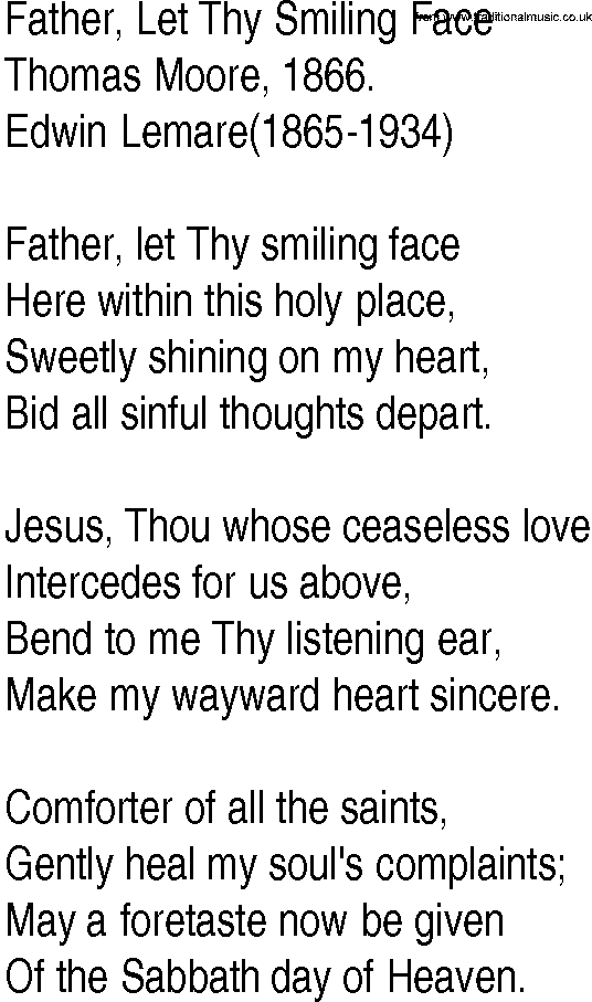 Hymn and Gospel Song: Father, Let Thy Smiling Face by Thomas Moore lyrics