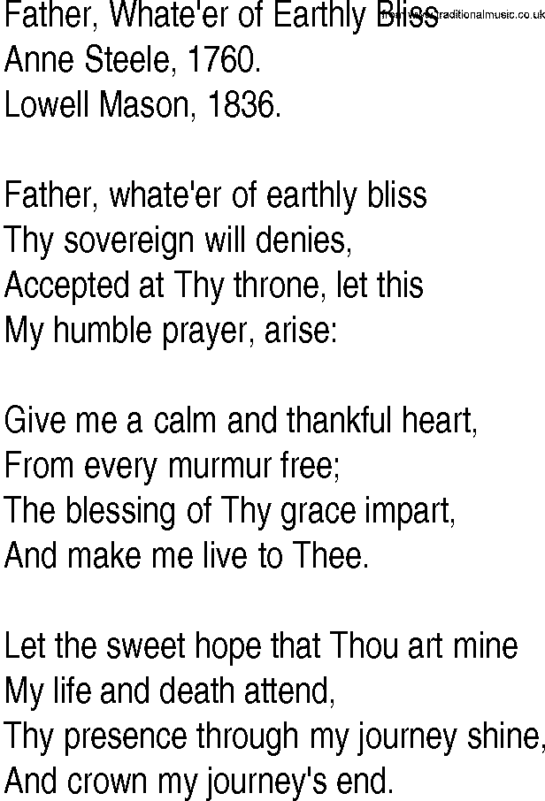 Hymn and Gospel Song: Father, Whate'er of Earthly Bliss by Anne Steele lyrics
