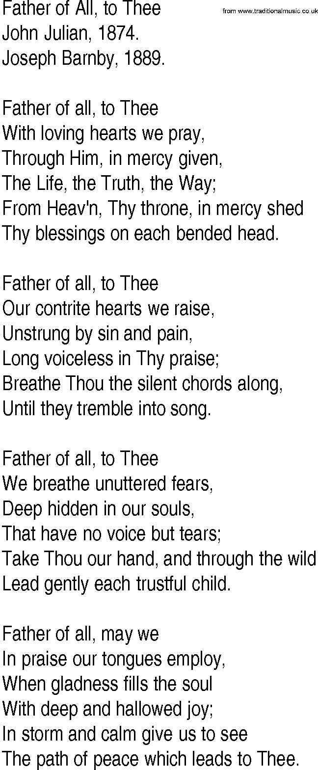Hymn and Gospel Song: Father of All, to Thee by John Julian lyrics