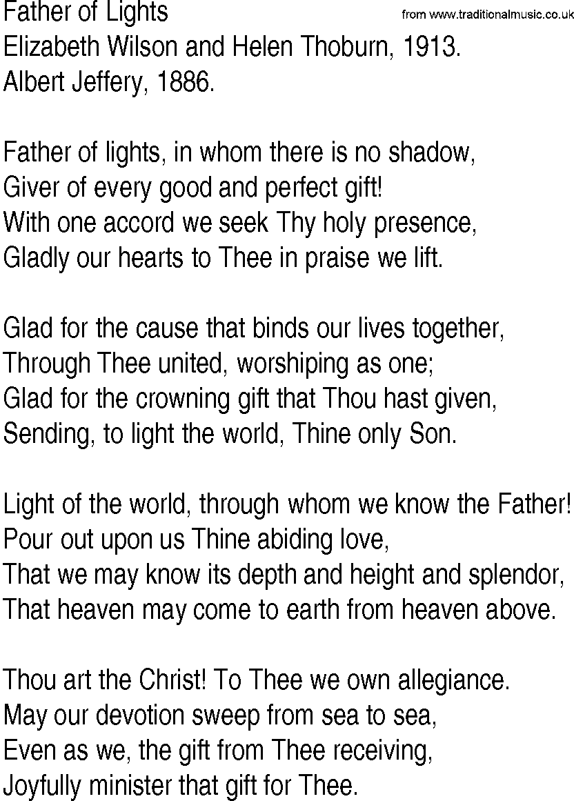 Hymn and Gospel Song: Father of Lights by Elizabeth Wilson and Helen Thoburn lyrics