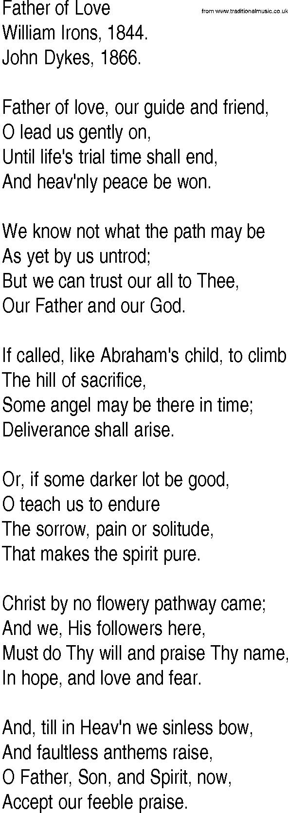 Hymn and Gospel Song: Father of Love by William Irons lyrics