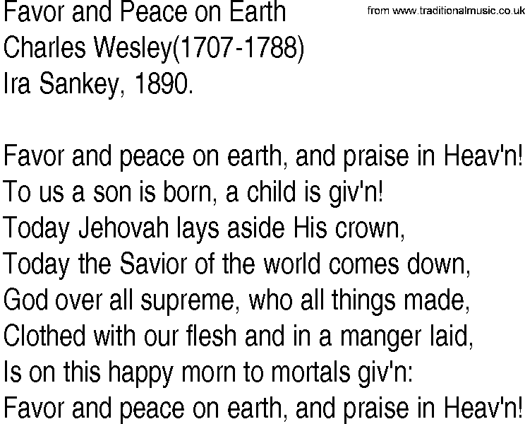 Hymn and Gospel Song: Favor and Peace on Earth by Charles Wesley lyrics