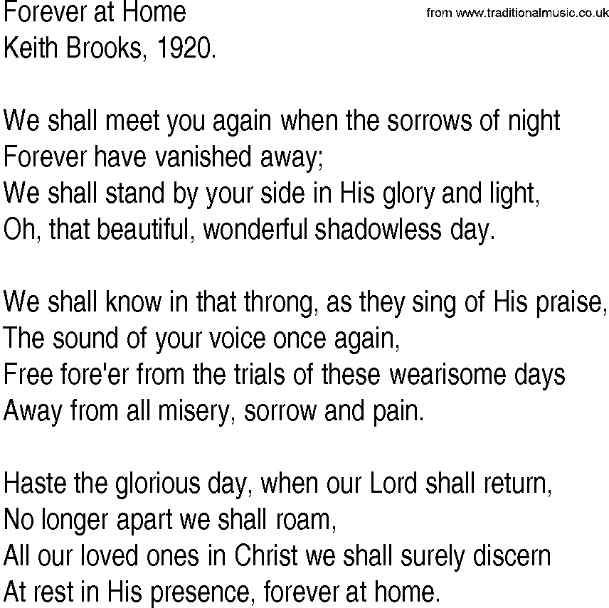 Hymn and Gospel Song: Forever at Home by Keith Brooks lyrics