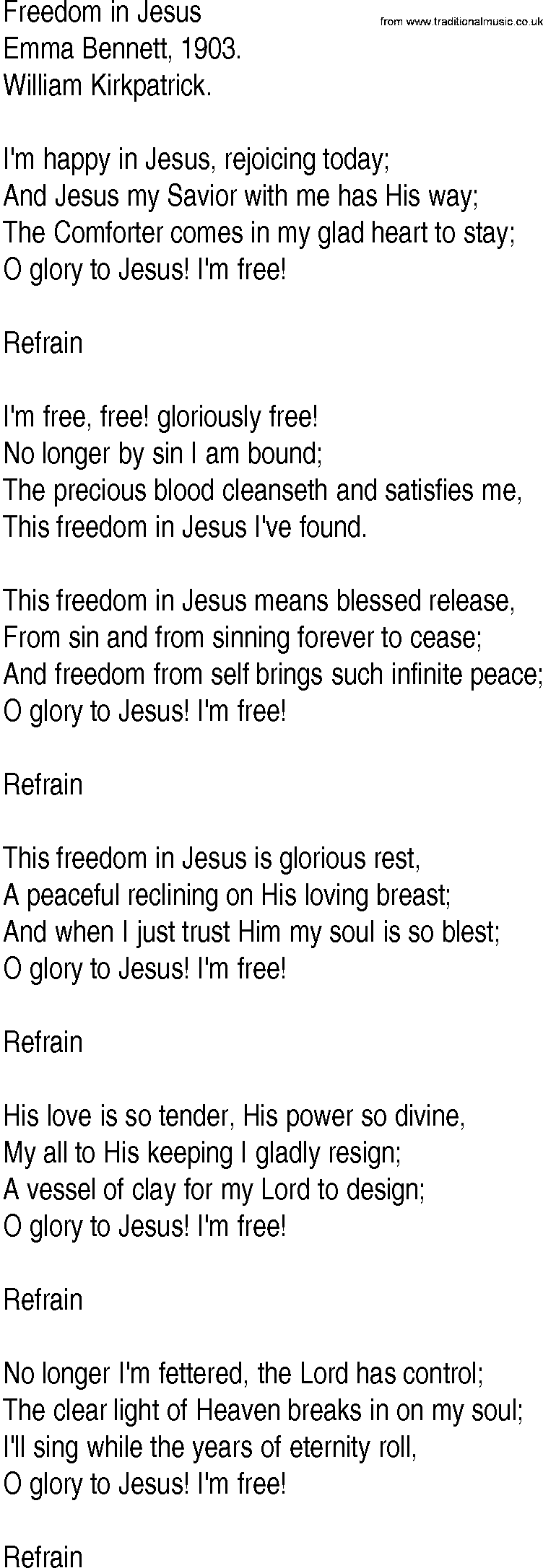 Hymn and Gospel Song: Freedom in Jesus by Emma Bennett lyrics