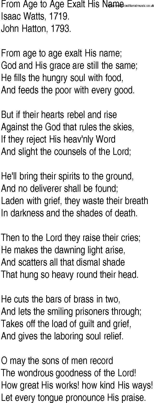 Hymn and Gospel Song: From Age to Age Exalt His Name by Isaac Watts lyrics