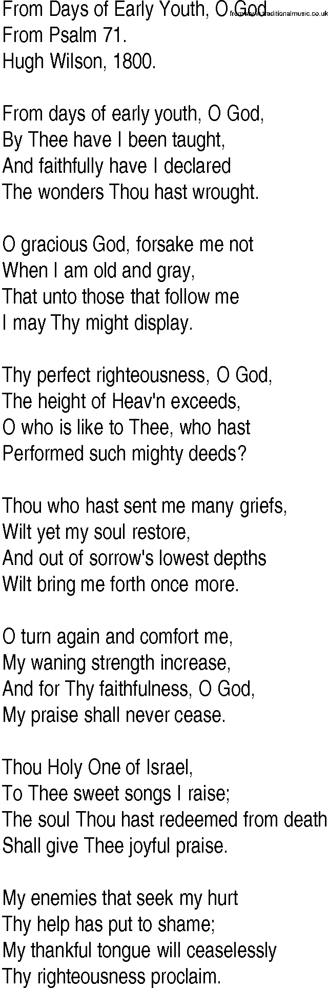 Hymn and Gospel Song: From Days of Early Youth, O God by From Psalm lyrics