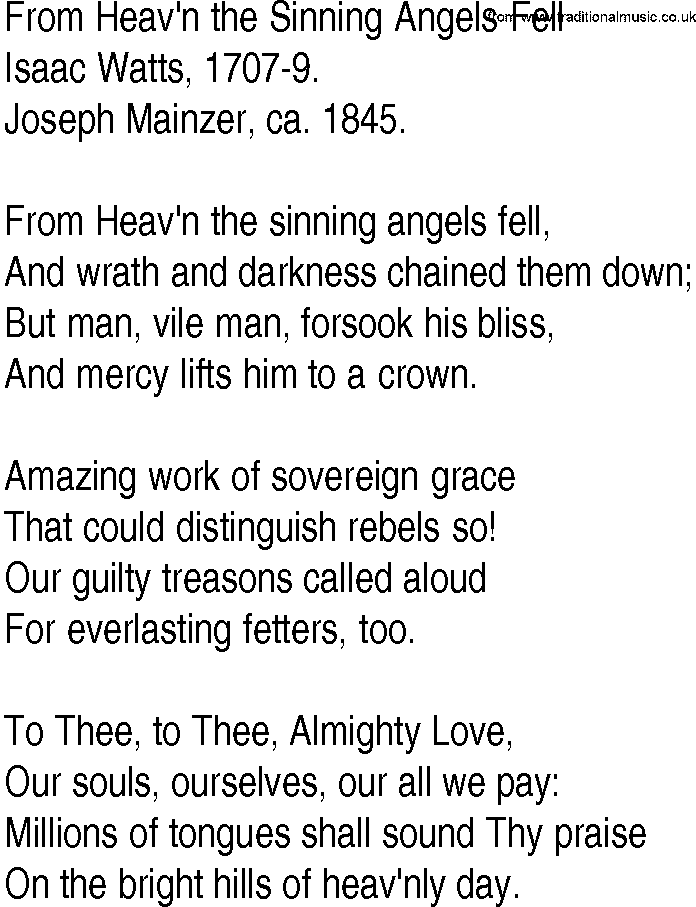 Hymn and Gospel Song: From Heav'n the Sinning Angels Fell by Isaac Watts lyrics
