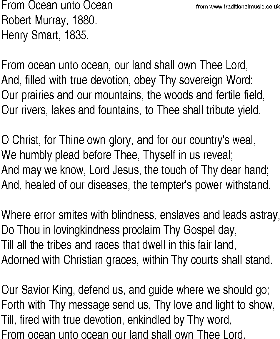 Hymn and Gospel Song: From Ocean unto Ocean by Robert Murray lyrics