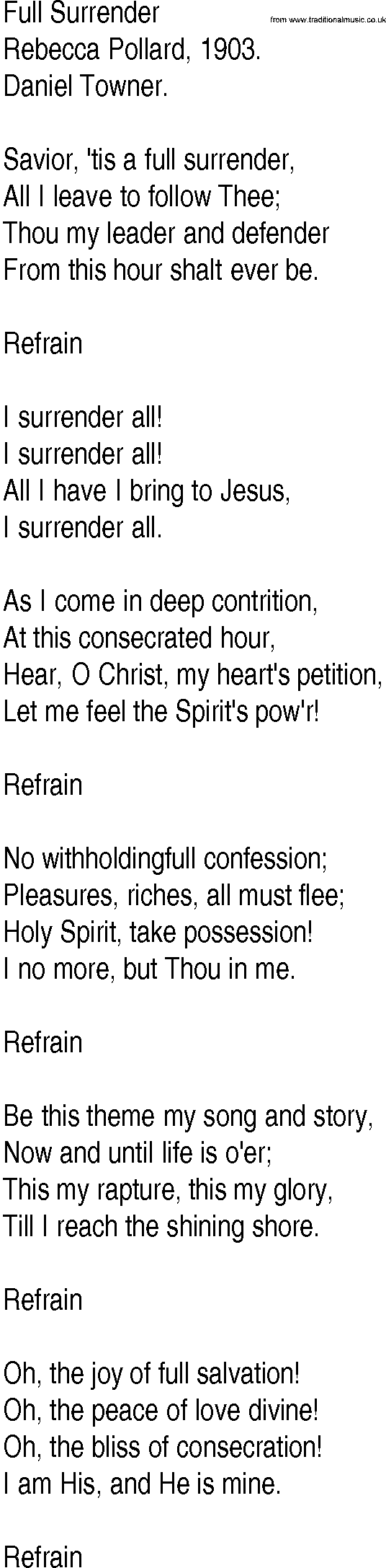 Hymn and Gospel Song: Full Surrender by Rebecca Pollard lyrics