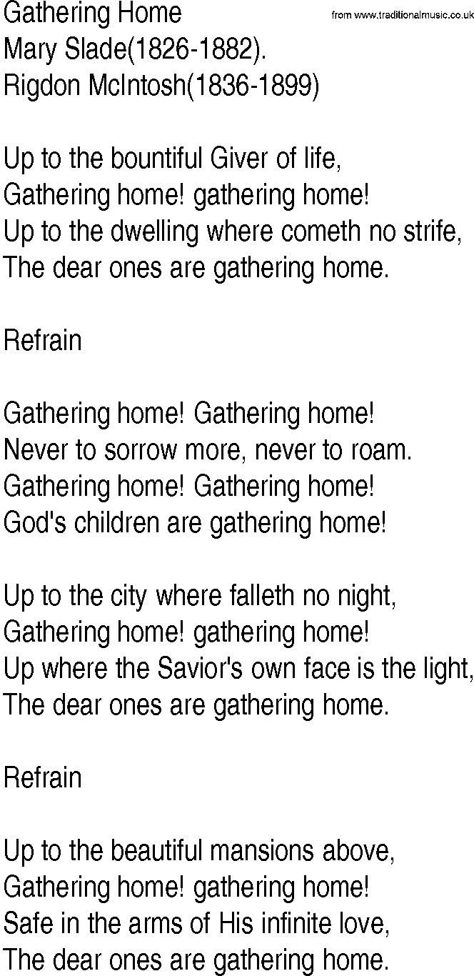 Hymn and Gospel Song: Gathering Home by Mary Slade lyrics