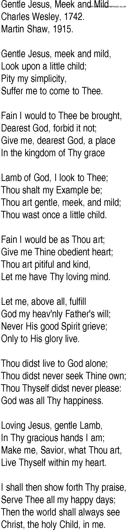 Hymn and Gospel Song: Gentle Jesus, Meek and Mild by Charles Wesley lyrics