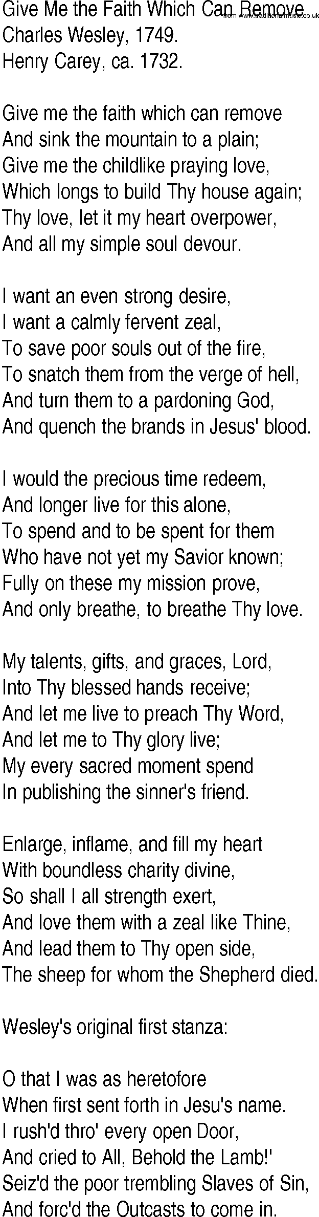 Hymn and Gospel Song: Give Me the Faith Which Can Remove by Charles Wesley lyrics