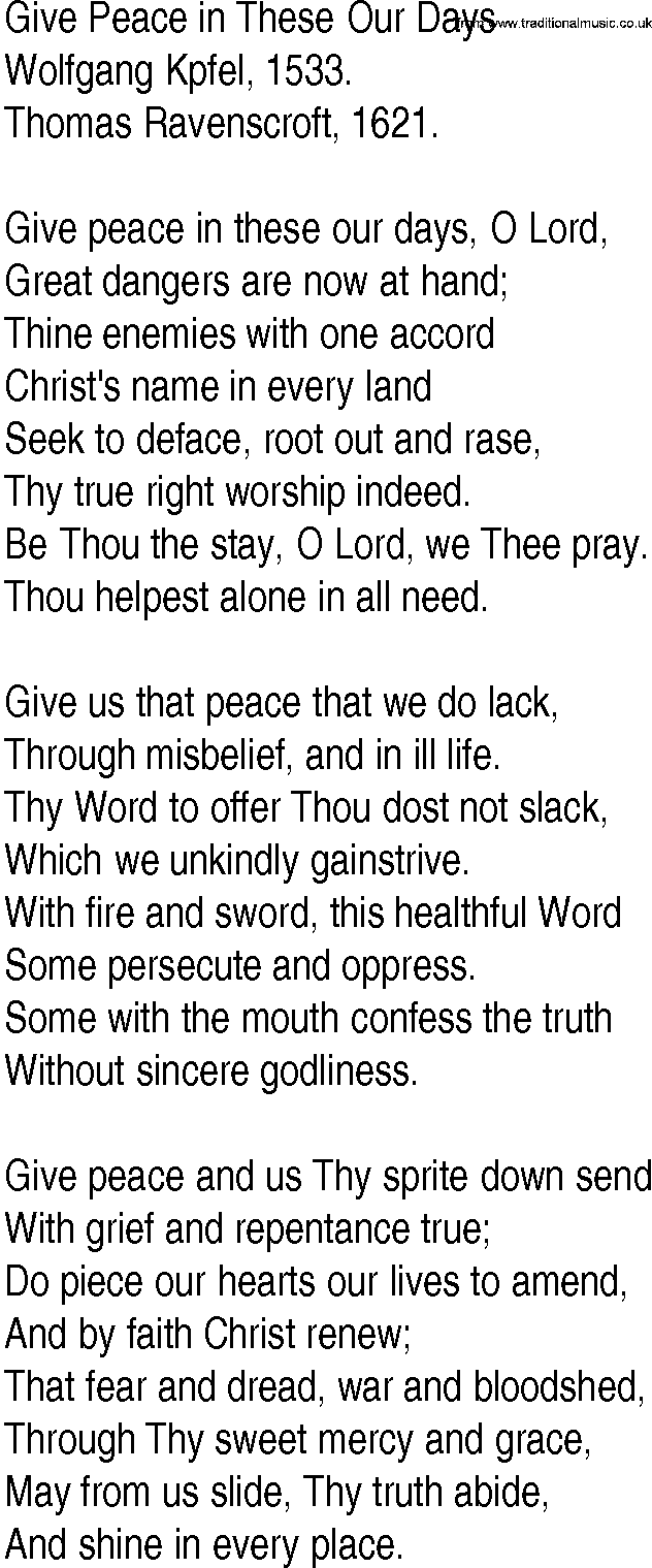 Hymn and Gospel Song: Give Peace in These Our Days by Wolfgang Kapfel lyrics
