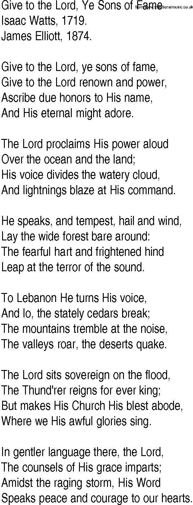 Hymn and Gospel Song: Give to the Lord, Ye Sons of Fame by Isaac Watts lyrics