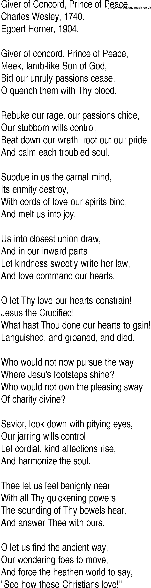 Hymn and Gospel Song: Giver of Concord, Prince of Peace by Charles Wesley lyrics