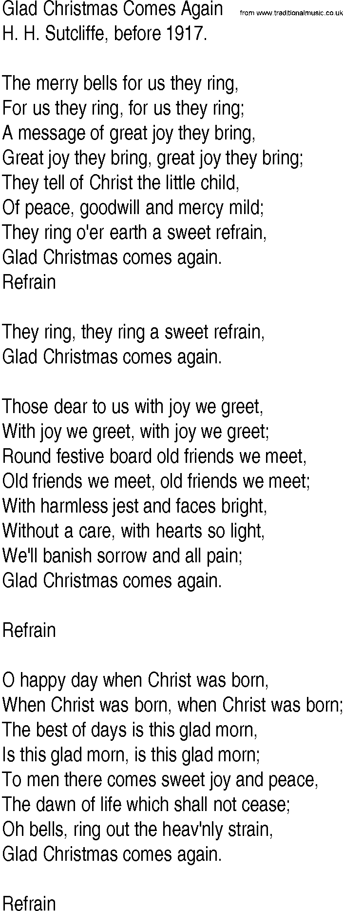 Hymn and Gospel Song: Glad Christmas Comes Again by H H Sutcliffe before lyrics