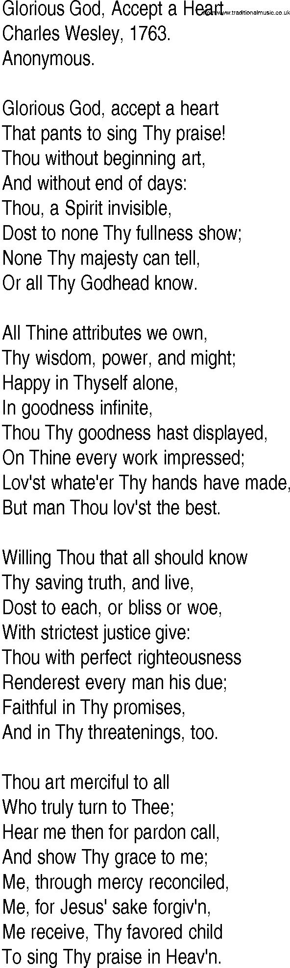 Hymn and Gospel Song: Glorious God, Accept a Heart by Charles Wesley lyrics
