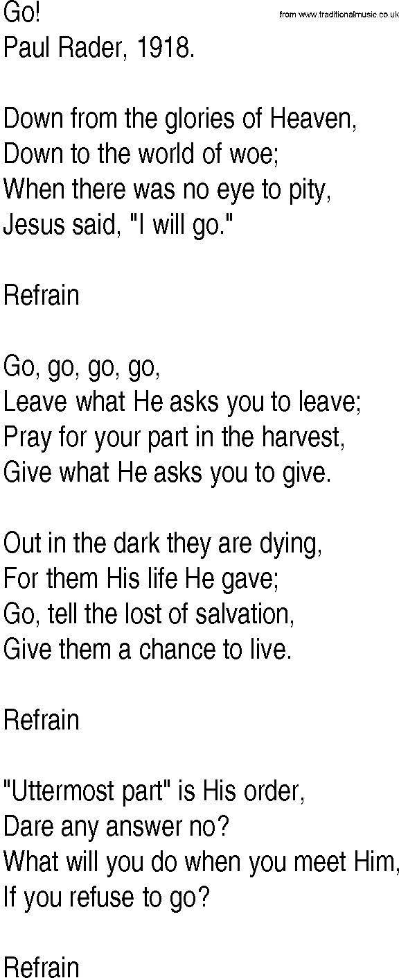 Hymn and Gospel Song: Go! by Paul Rader lyrics