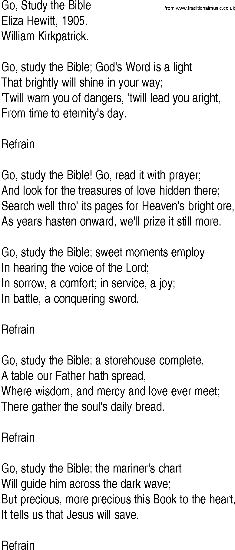 Hymn and Gospel Song: Go, Study the Bible by Eliza Hewitt lyrics