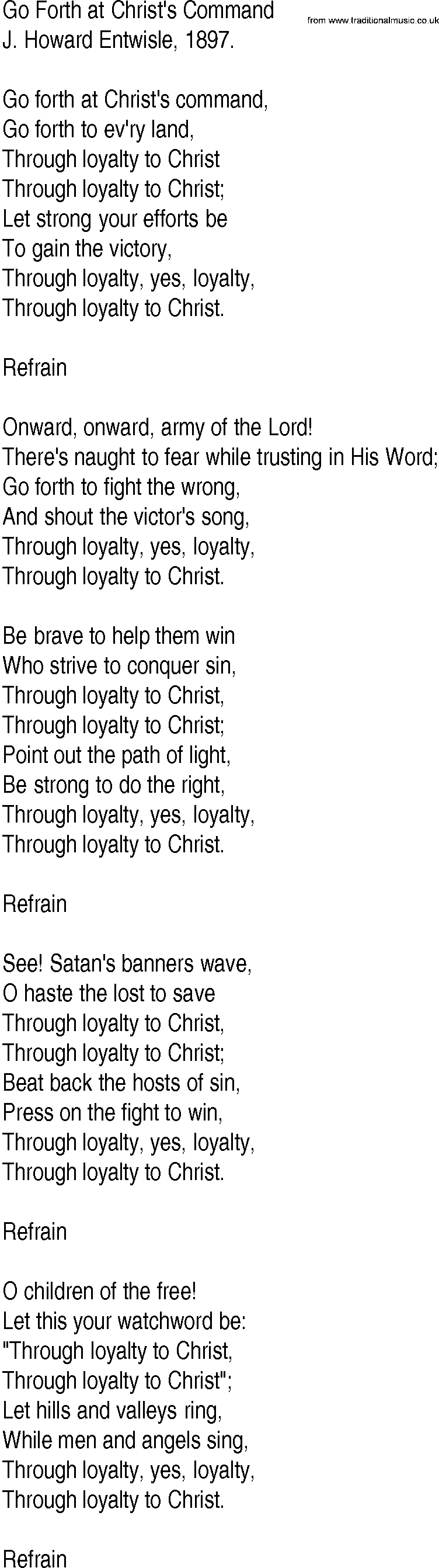 Hymn and Gospel Song: Go Forth at Christ's Command by J Howard Entwisle lyrics