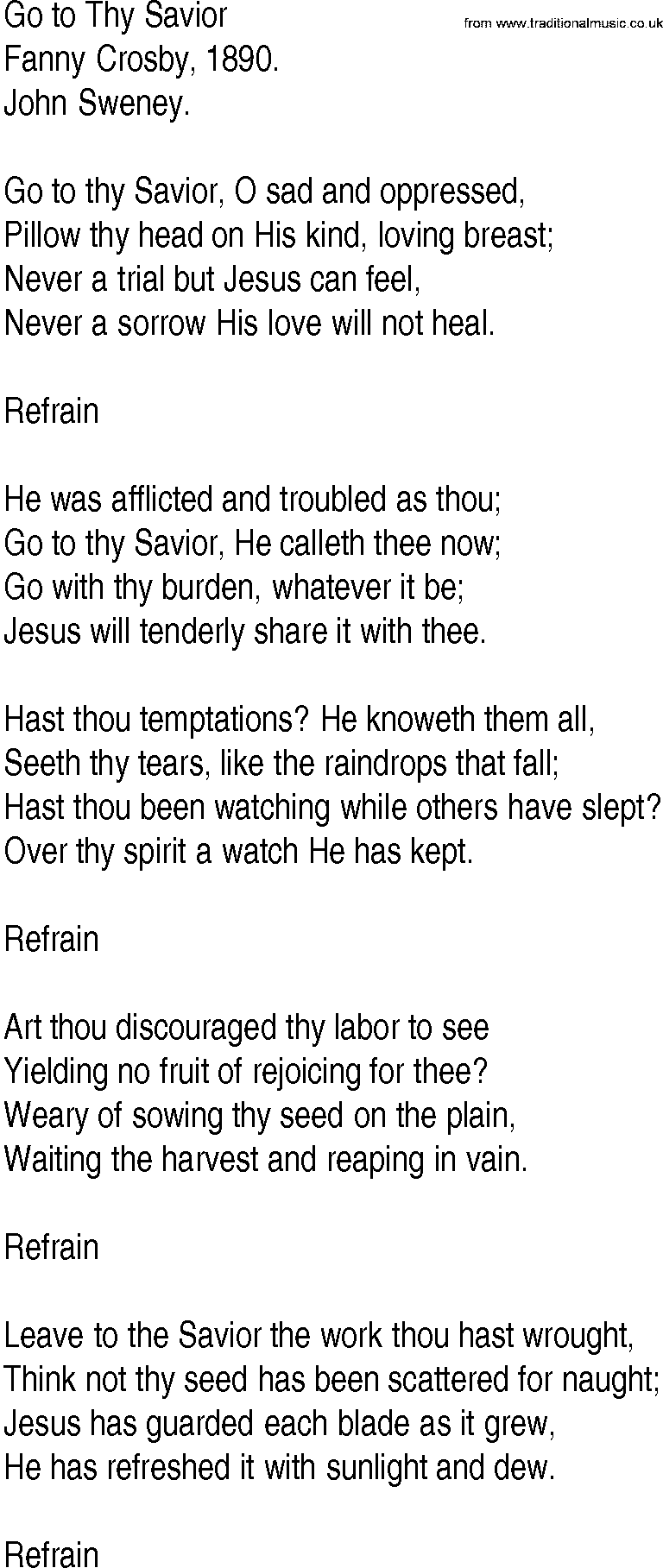 Hymn and Gospel Song: Go to Thy Savior by Fanny Crosby lyrics