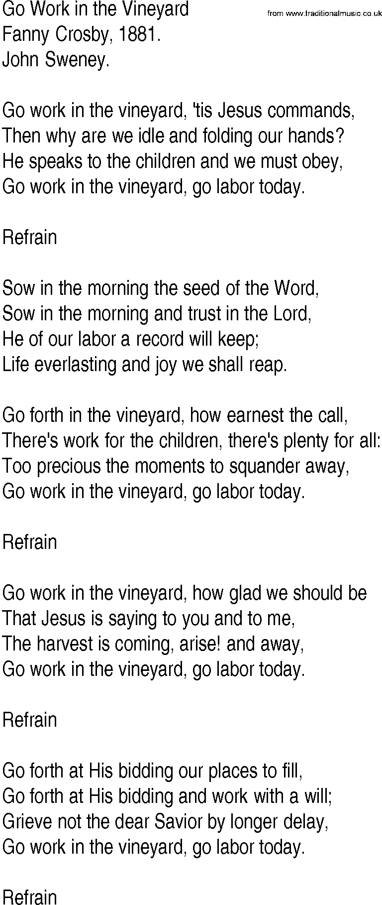 Hymn and Gospel Song: Go Work in the Vineyard by Fanny Crosby lyrics