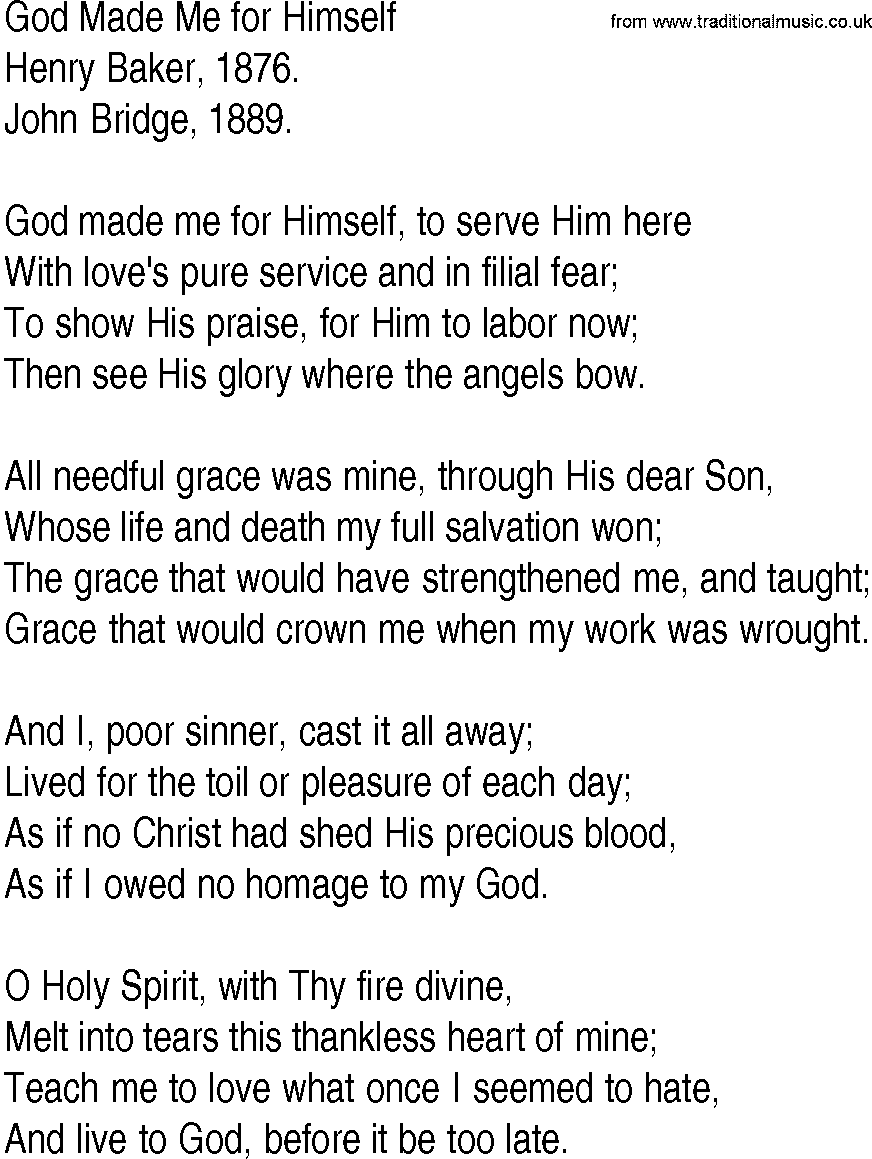 Hymn and Gospel Song: God Made Me for Himself by Henry Baker lyrics