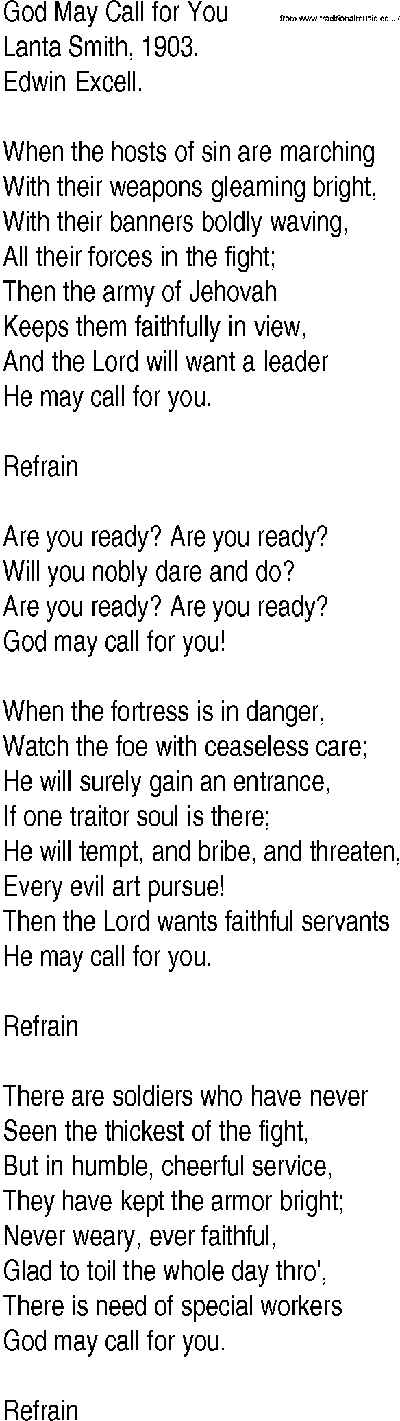 Hymn and Gospel Song: God May Call for You by Lanta Smith lyrics