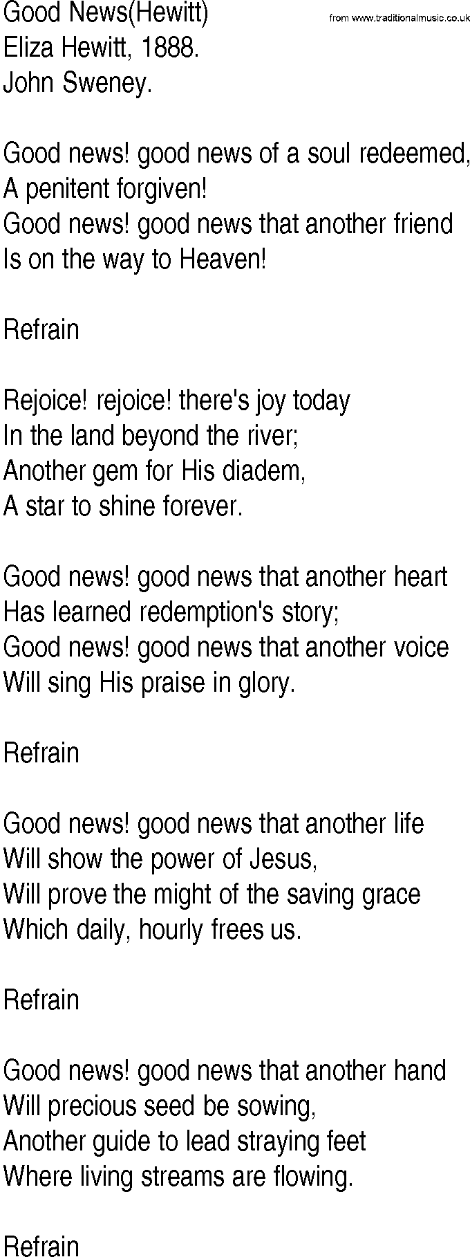 Hymn and Gospel Song: Good News(Hewitt) by Eliza Hewitt lyrics
