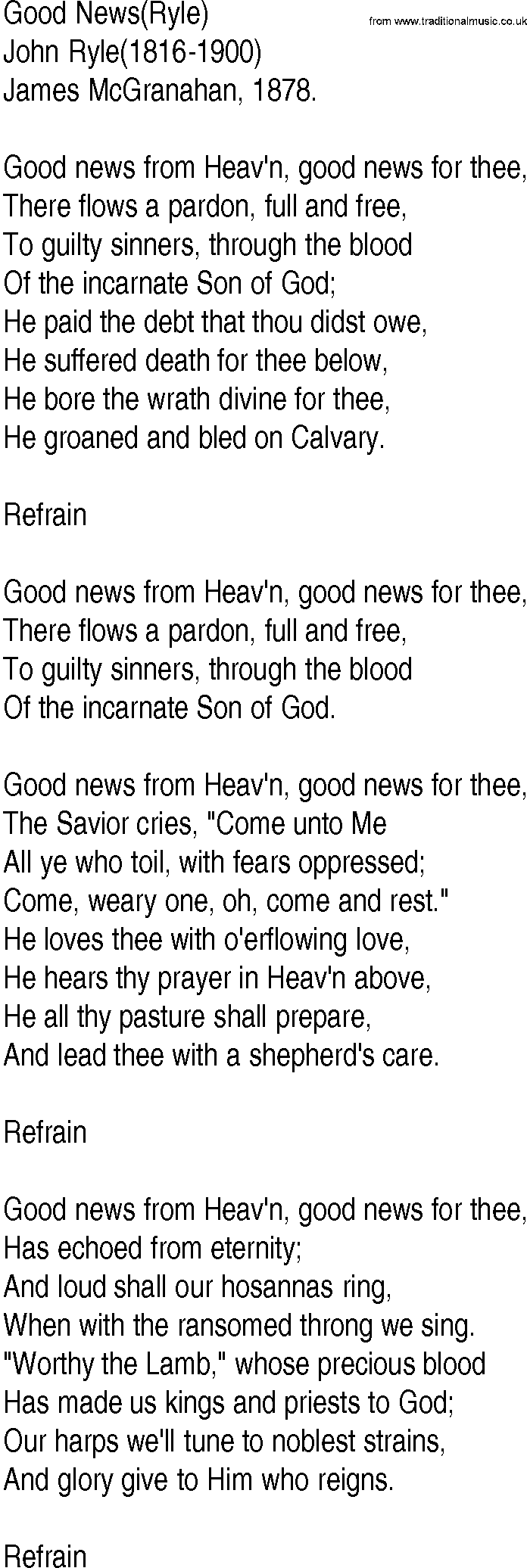 Hymn and Gospel Song: Good News(Ryle) by John Ryle lyrics