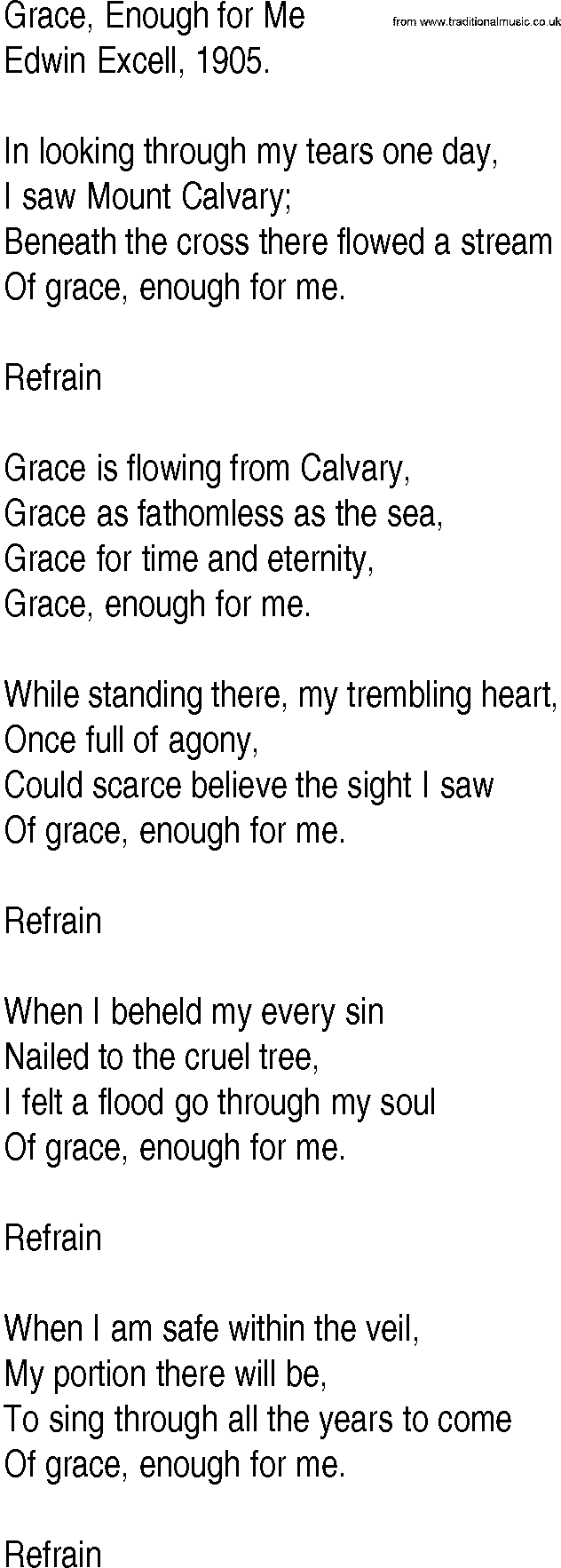 Hymn and Gospel Song: Grace, Enough for Me by Edwin Excell lyrics