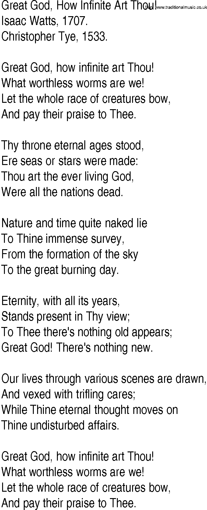 Hymn and Gospel Song: Great God, How Infinite Art Thou! by Isaac Watts lyrics